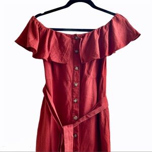 Rust colored off the shoulder midi dress
